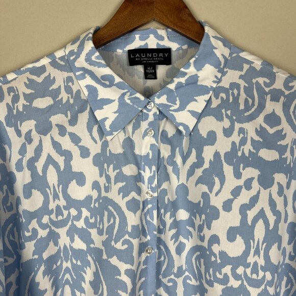 Laundry by Shelli Segal Top XL Blue Damask Crop Button Up Tie Hem 3/4 Dolman Sl - Picture 5 of 11